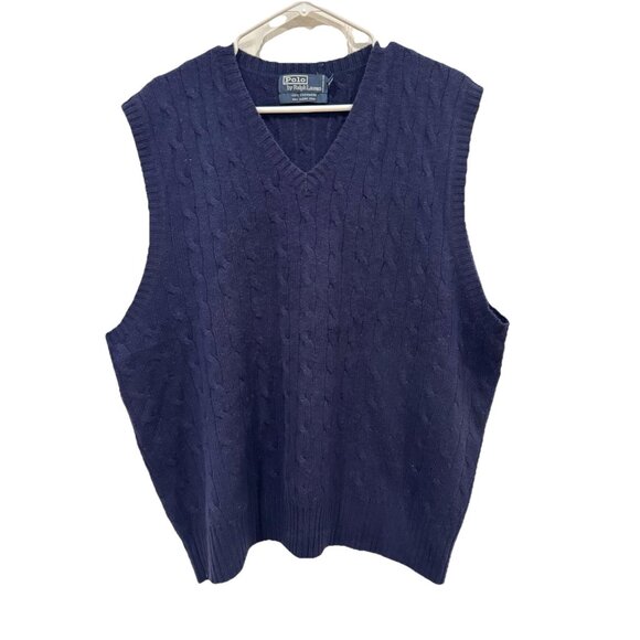 Men’s Polo Ralph Lauren Cable Knit‎ Vest 100% Cashmere XXL 2XL Blue Vneck - Picture 1 of 9
